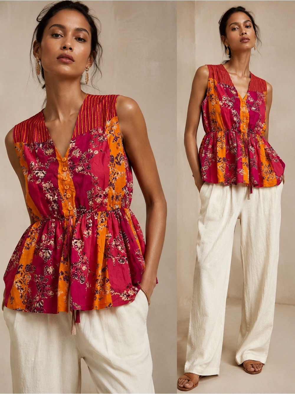 BOHERA NWT Boho Floral Patchwork Babydoll Top  vibrant colorful cotton India L